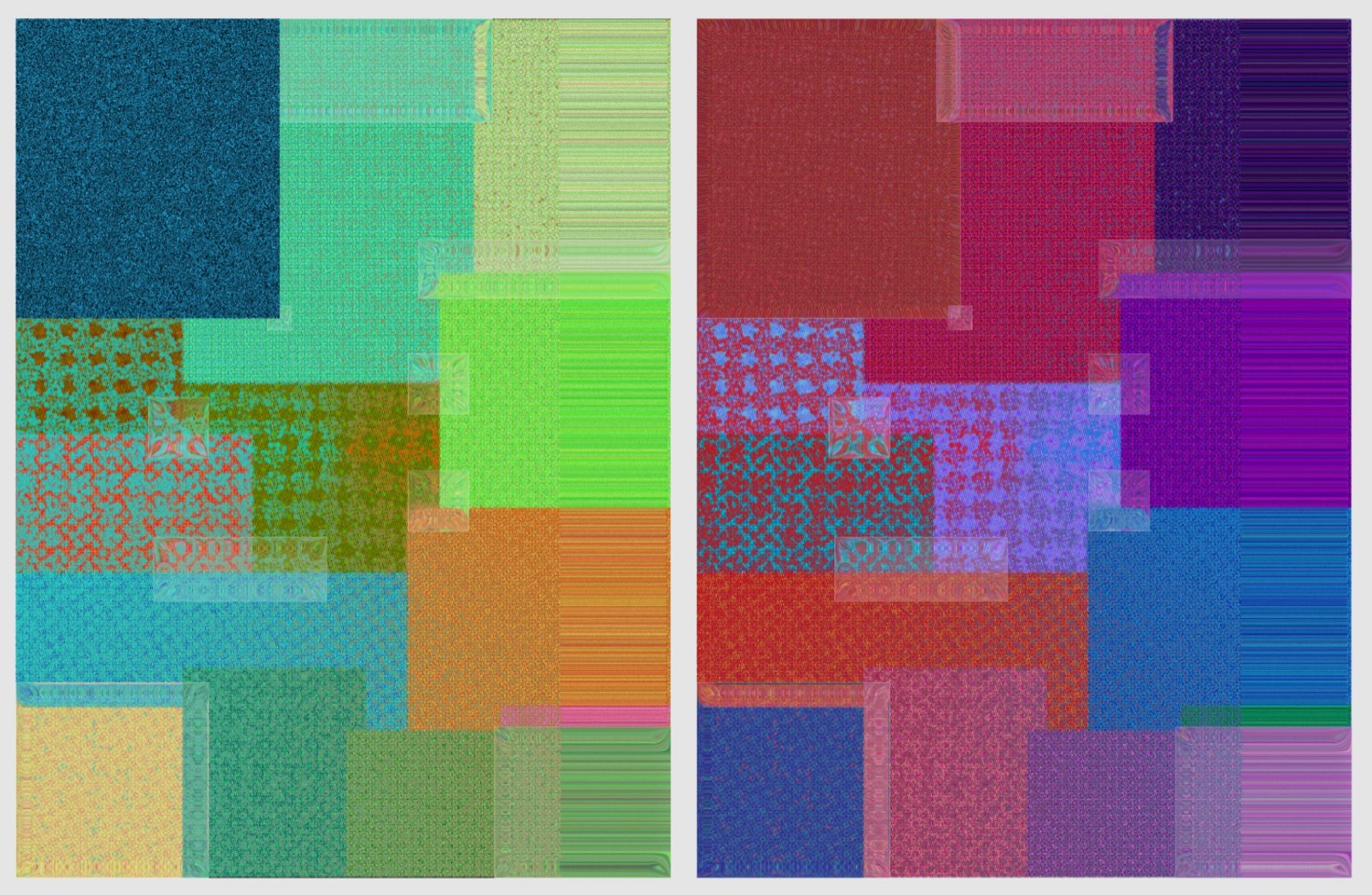 Diptych of glitched patchwork patterns, one in greens and teals, one in reds and purples